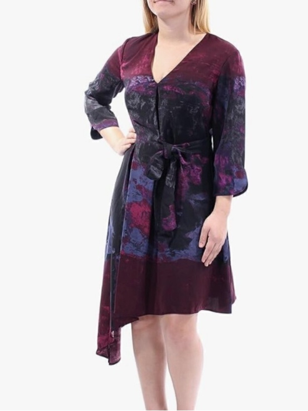 Rachel Roy V-neck Asymmetric Tie-Waist Dress in Burgundy and Black